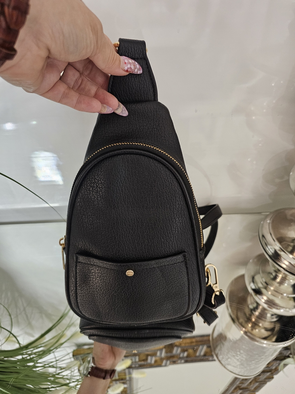 Mali +lili Minimalist Black Sling Bag with Gold Accents